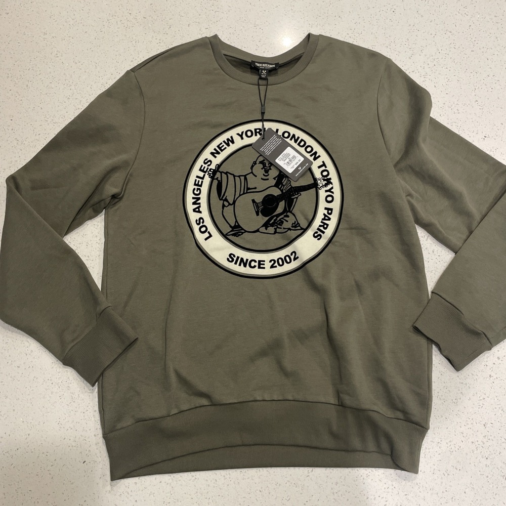 True Religion City Buddha Crew Neck Pullover Sweatshirt Olive Green Size XL NWT